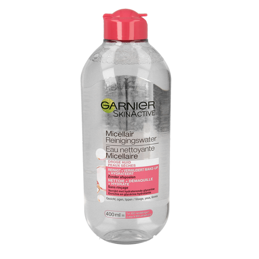 Garnier SkinActive micellar water for dry skin in a 400ml bottle, gentle facial cleansing product.