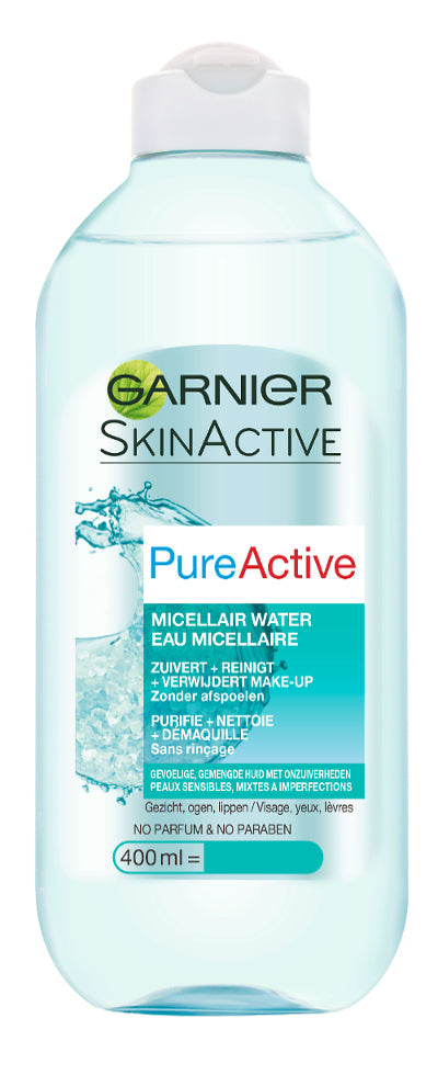 Garnier SkinActive Pure Active Micellar Cleansing Water in a 400ml bottle, for gentle facial cleansing and makeup removal.