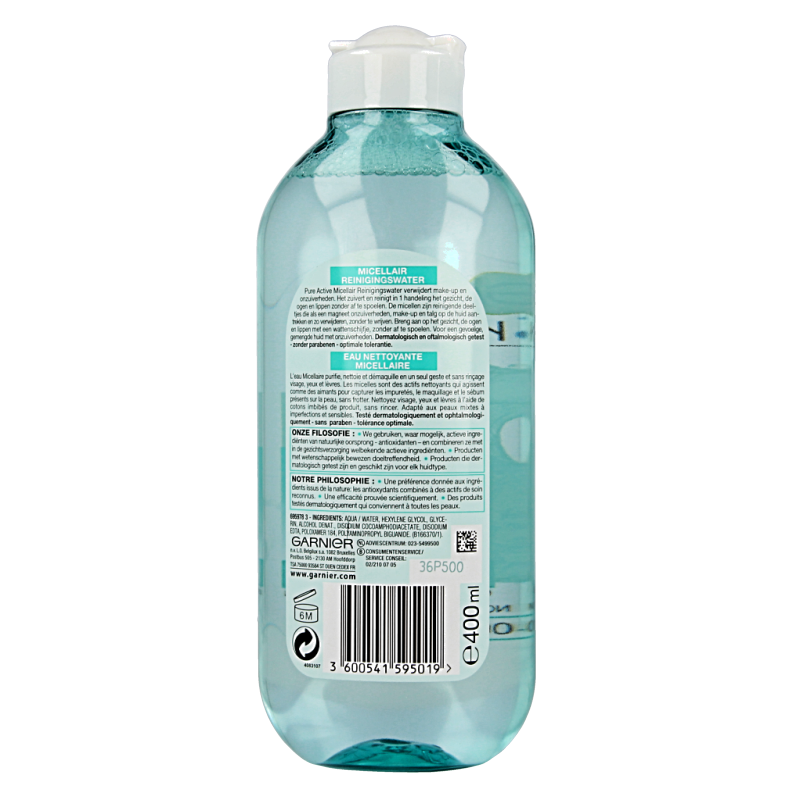 Garnier SkinActive Pure Active micellar cleansing water in a 400ml bottle, facial skincare product for gentle makeup removal.