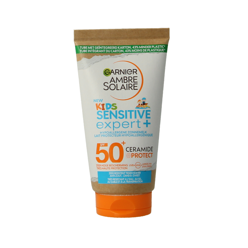 Ambre Solaire Kids on the go SPF50+ sun lotion bottle, 50ml, suitable for children, with sun protection for outdoor activities.
