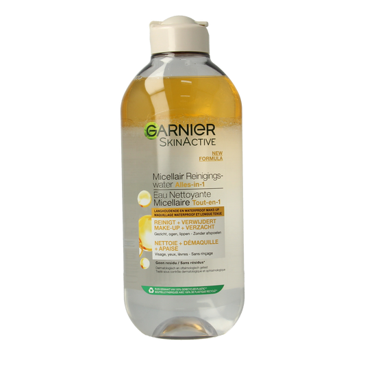 Garnier Skin Natural Micellar Water in a 400ml bottle, gentle facial cleanser for removing makeup and impurities.