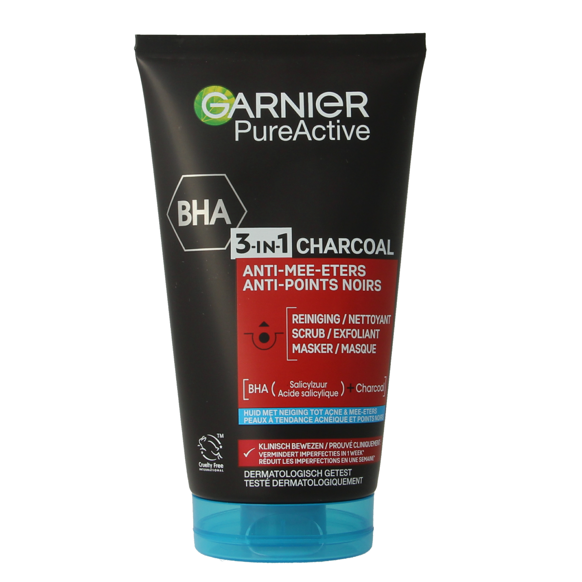 Garnier SkinActive Pure Active 3-in-1 charcoal face cleanser, scrub, and mask in 150ml tube with black and green packaging.
