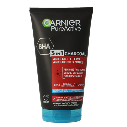 Garnier SkinActive Pure Active 3-in-1 charcoal face cleanser, scrub, and mask in 150ml tube with black and green packaging.