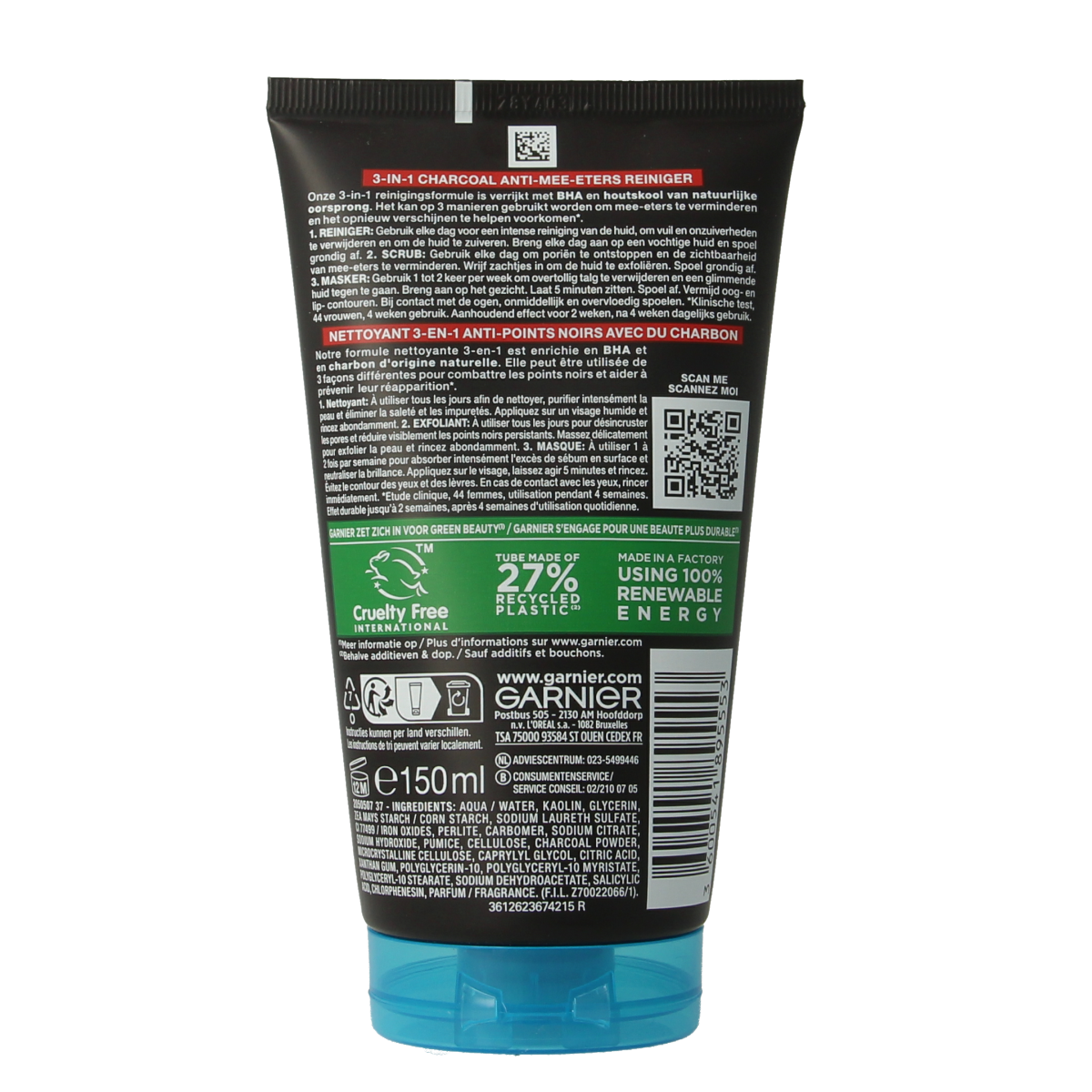 Garnier SkinActive Pure Active 3-in-1 charcoal facial cleanser and mask in a 150ml tube, suitable for deep cleansing and purification.