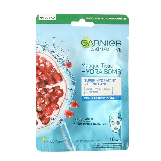 Garnier SkinActive Hydra Bomb masker in 28g, hydrating facial skincare cream with a smooth, gel-like texture.