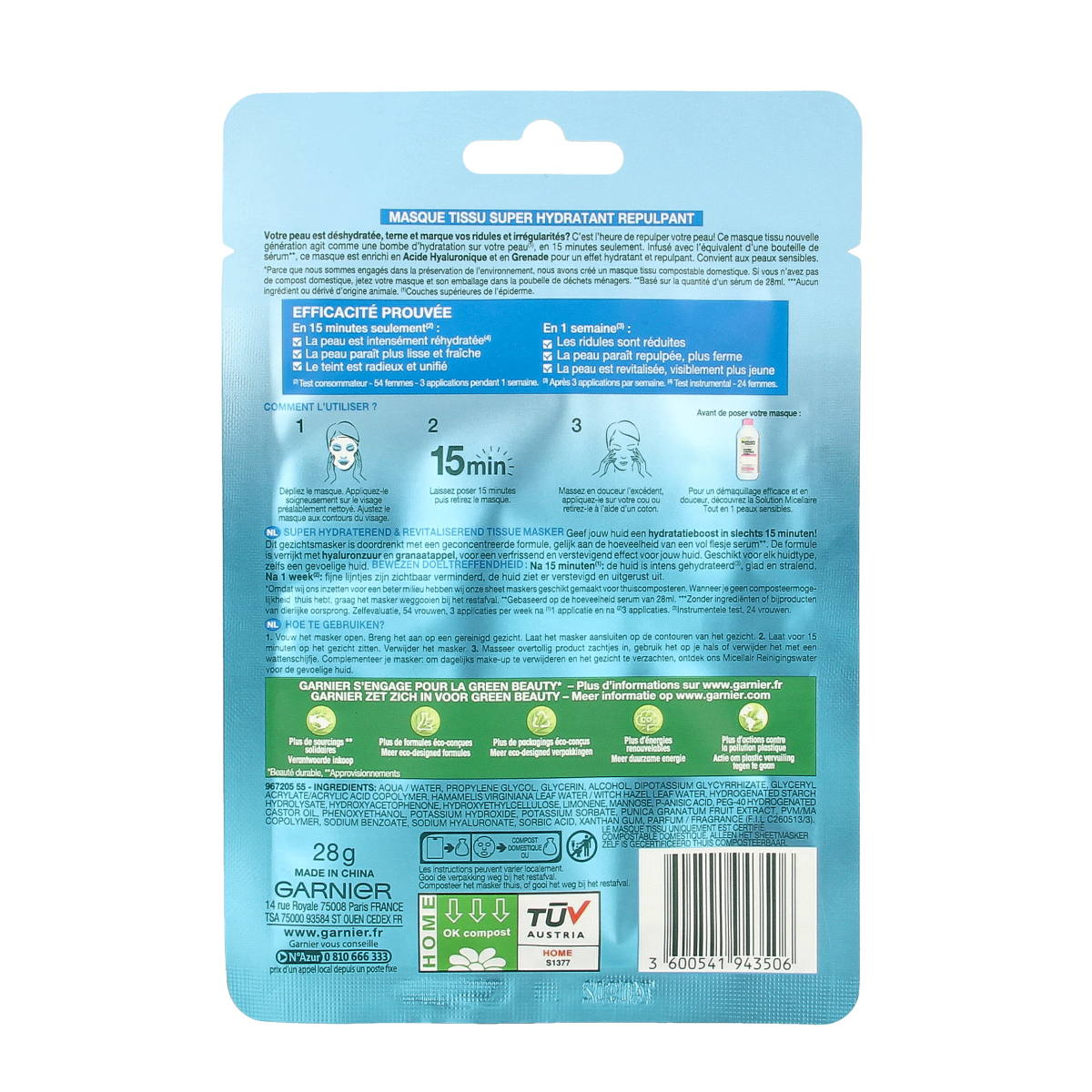 Garnier SkinActive Hydra Bomb facial mask in a 28g container, designed for hydrating and revitalizing skin.