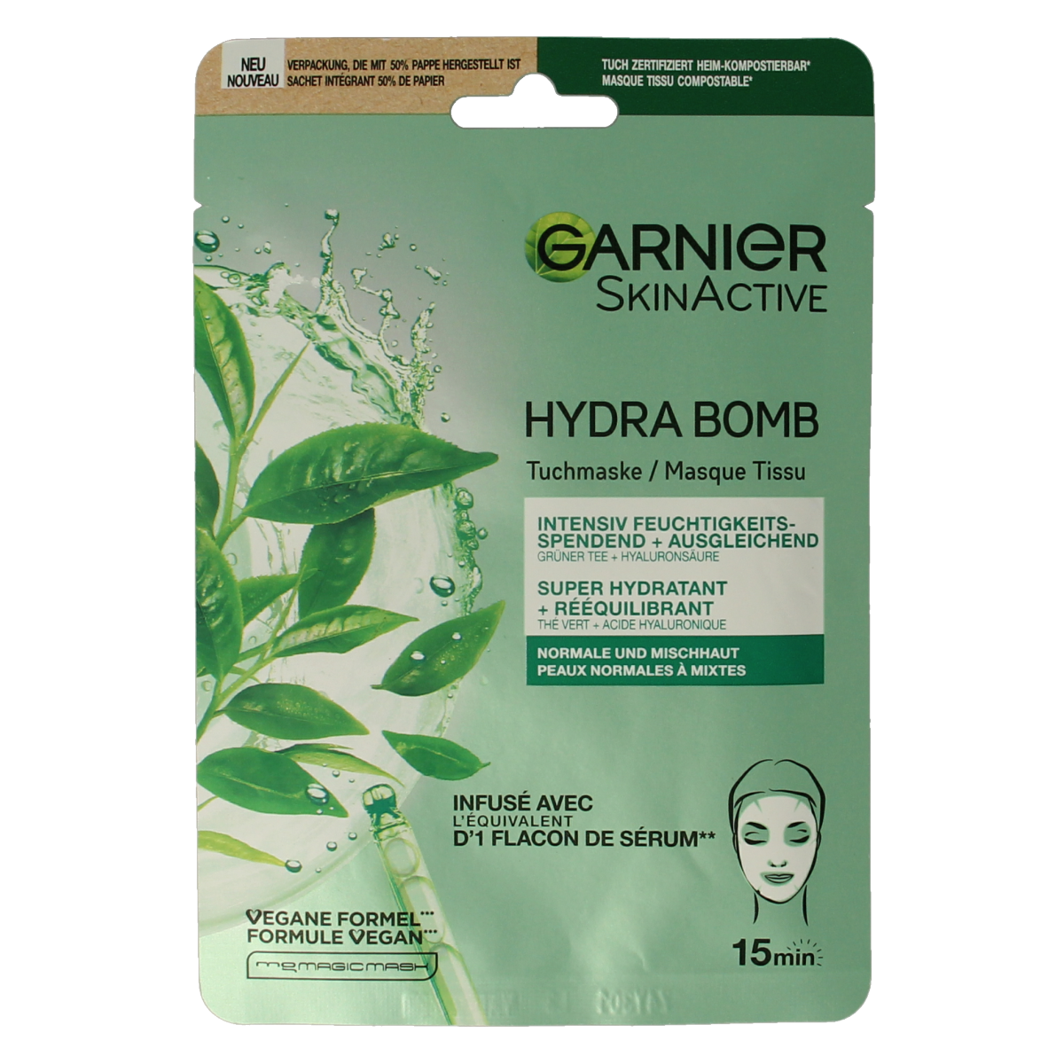 Garnier SkinActive hydra bomb groene thee gezichtsmasker in verpakking, gezichtsverzorging voor hydratatie en verfrissing.