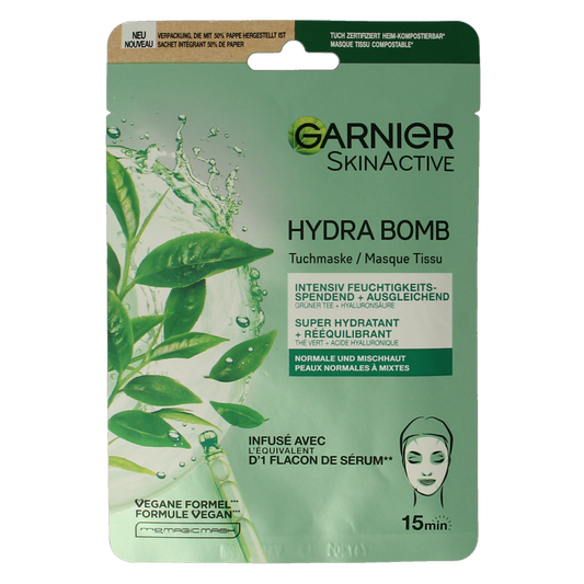 Garnier SkinActive hydra bomb groene thee gezichtsmasker in verpakking, gezichtsverzorging voor hydratatie en verfrissing.