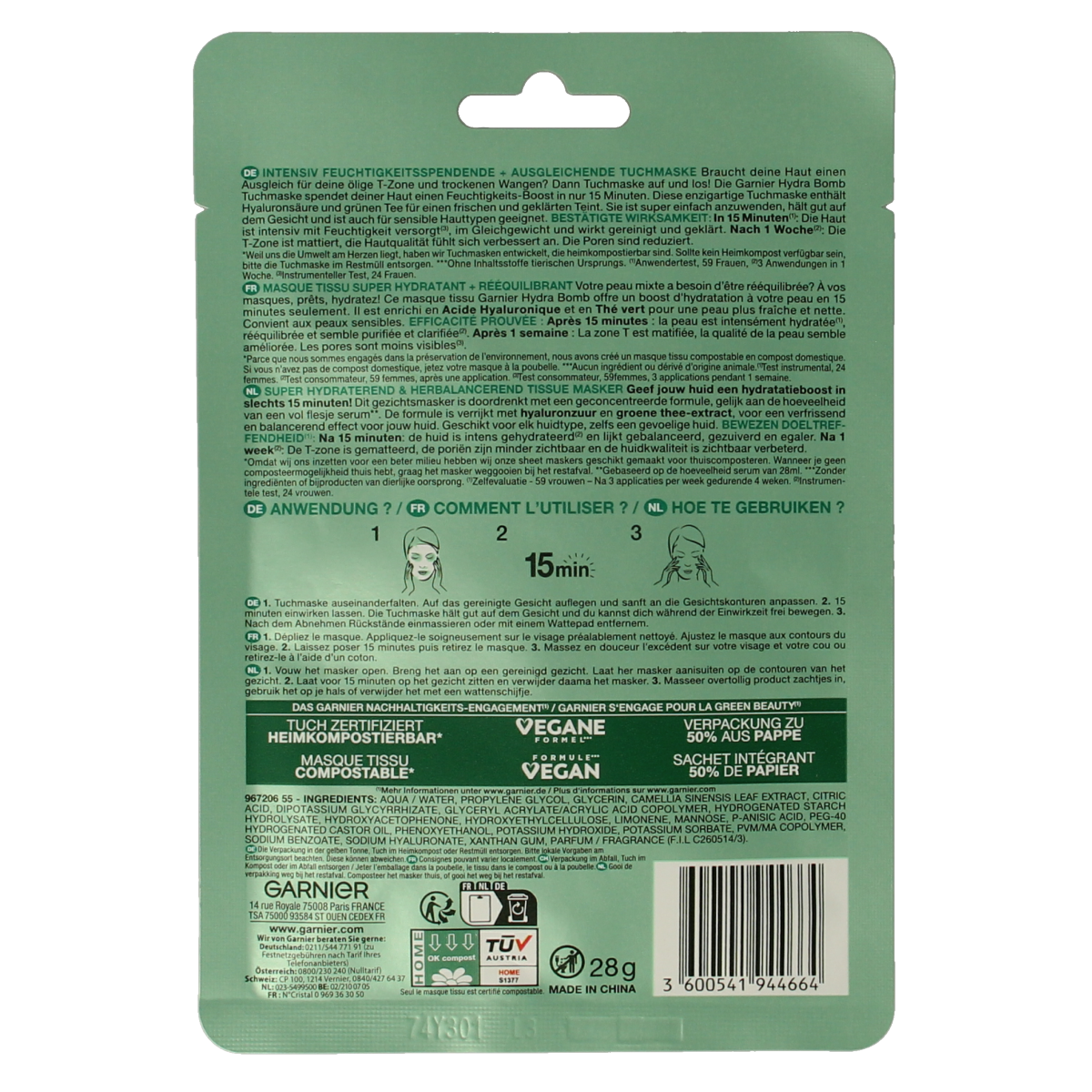 Garnier SkinActive Hydra Bomb green tea facial tissue mask, 1 pack of skincare mask for hydration and soothing.