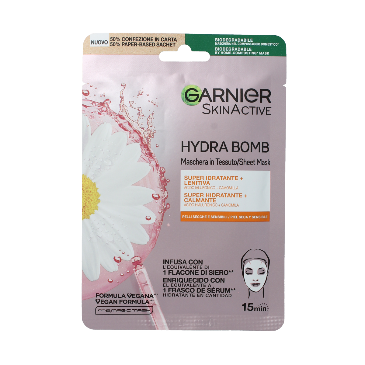 Garnier SkinAct tissue masker with chamomile and hyaluronic acid, facial skincare sheet mask, single pack.