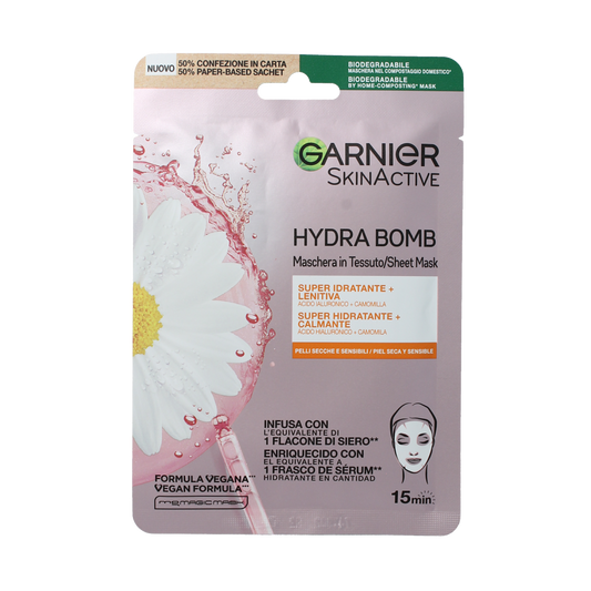 Garnier SkinAct tissue masker with chamomile and hyaluronic acid, facial skincare sheet mask, single pack.