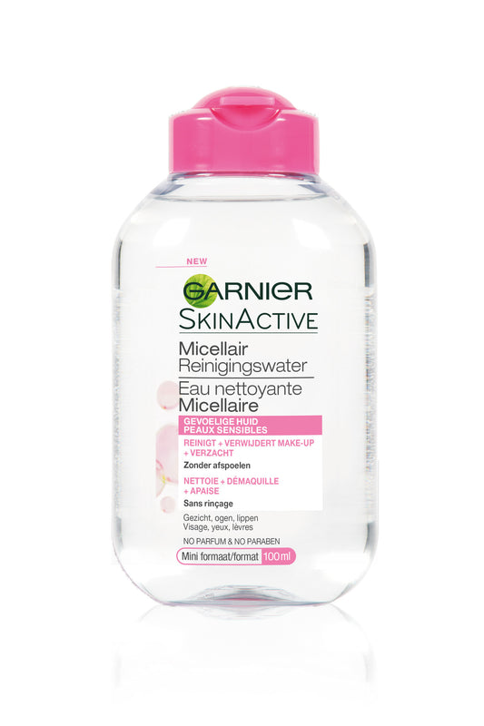 Garnier SkinActive Micellar Reinigingswater in 100ml bottle, facial cleansing water for gentle makeup removal and skin refreshment