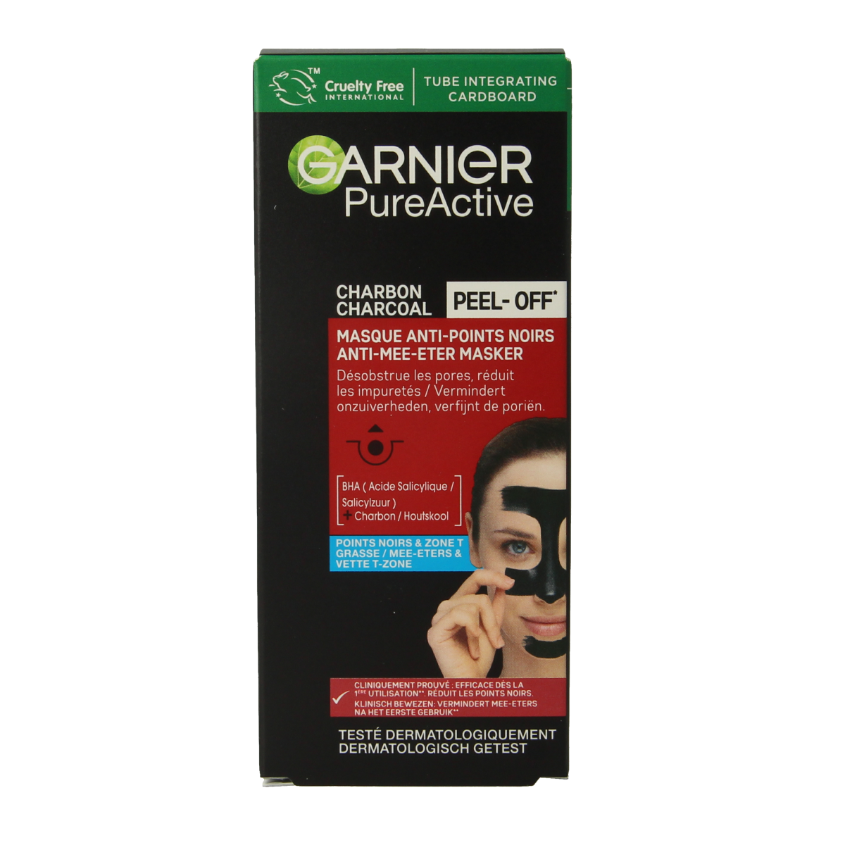 Garnier Pure Active charcoal peel-off mask in a 50ml tube, designed for facial skincare with a black peel-off formula.