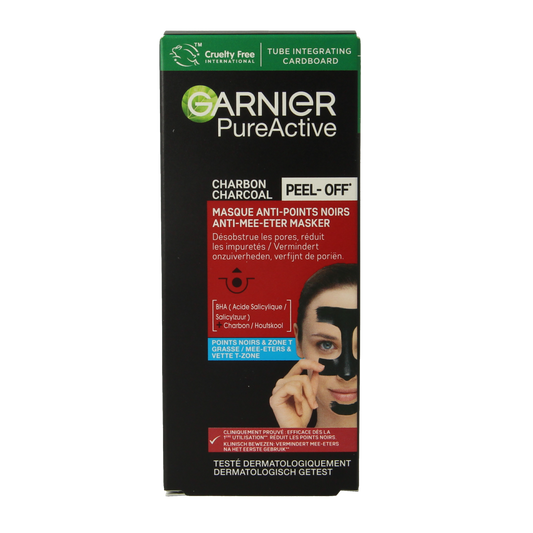 Garnier Pure Active charcoal peel-off mask in a 50ml tube, designed for facial skincare with a black peel-off formula.