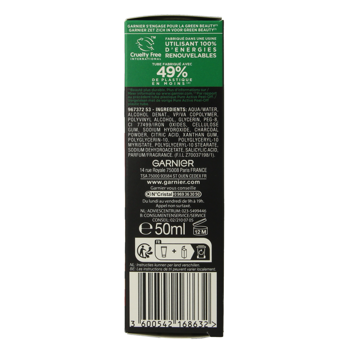 Garnier Pure Active charcoal peel-off face mask in a 50ml tube, designed for deep cleansing and pore minimizing.