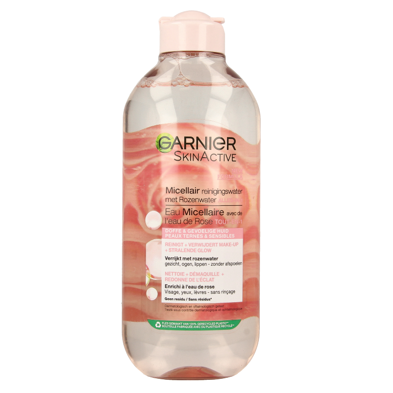 Garnier SkinActive micellar water with rose water in a 400ml bottle, gentle facial skincare for cleansing and makeup removal.
