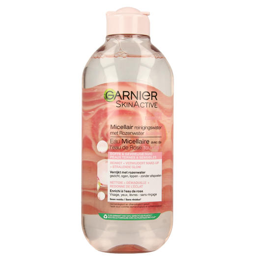Garnier SkinActive micellar water with rose water in a 400ml bottle, gentle facial skincare for cleansing and makeup removal.