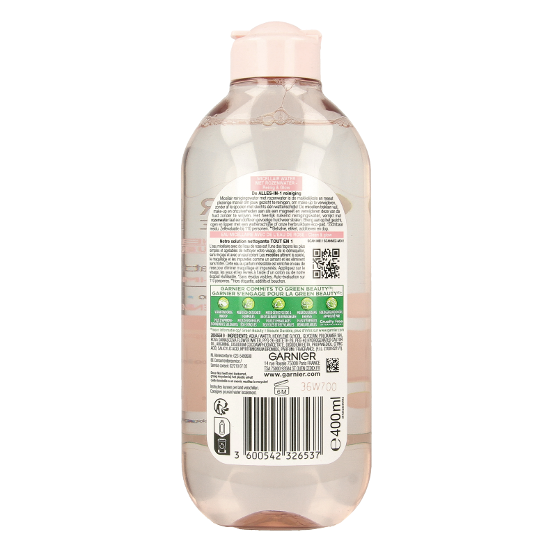 Garnier SkinActive micellar water with rosewater in a 400ml bottle, a gentle facial skincare product for cleansing and hydration.