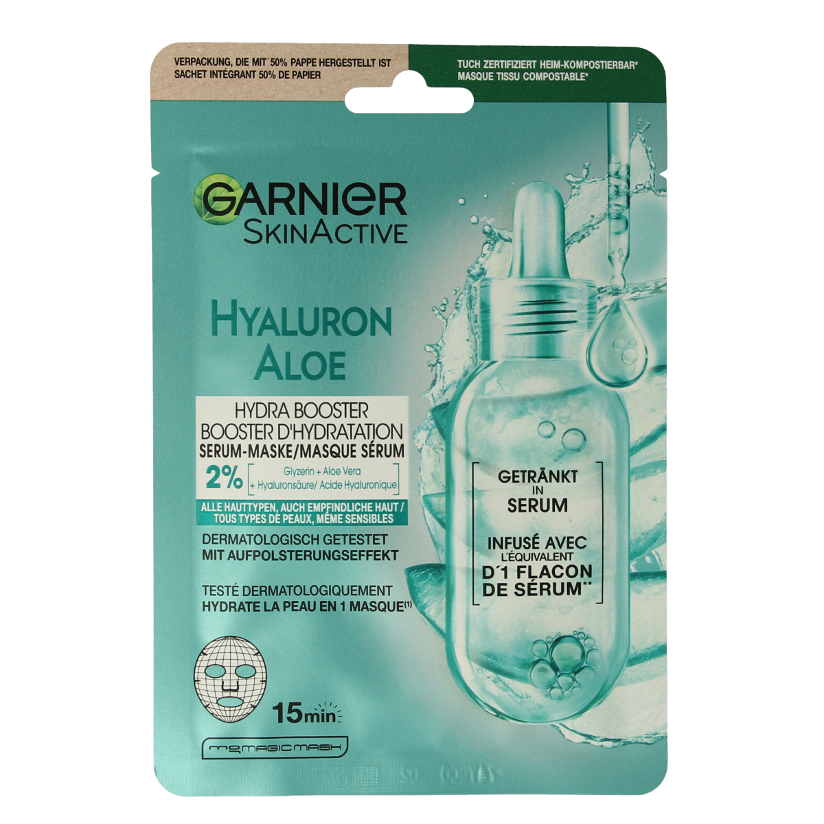 Garnier SkinAct hydrating fabric face mask for moisturizing facial skincare, shown in packaging with product details.