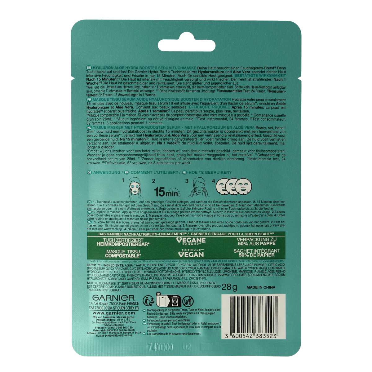 Garnier SkinAct hydrating tissue mask for face, moisturizing skincare treatment, packaged in a single sheet mask.