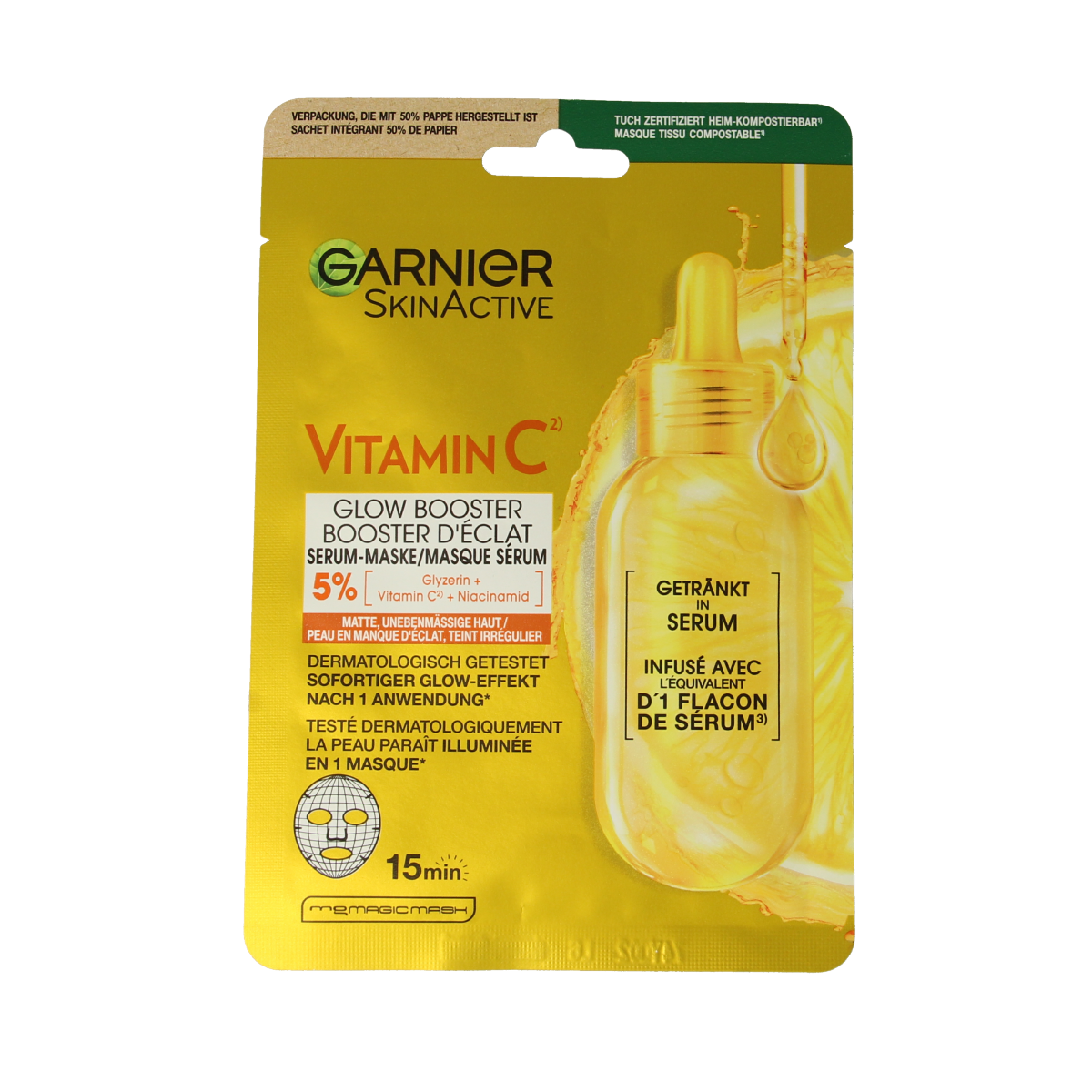 Garnier SkinActive Vitamin C sheet mask lying flat, designed for facial skincare, with vibrant orange packaging and product details visible.