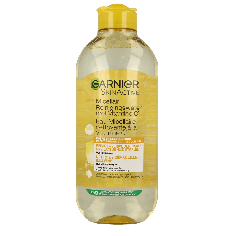 Garnier SkinActive vitamine C micellar water in a 400ml bottle, facial cleansing product with brightening ingredients.