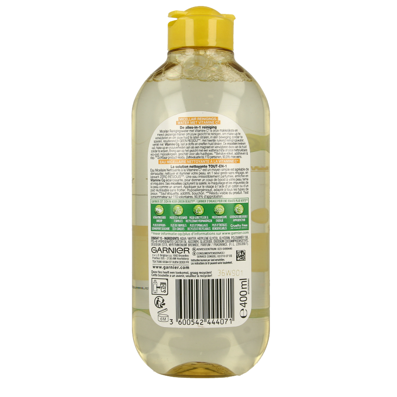 Garnier SkinActive vitamine C micellar water in a 400ml bottle, facial skincare product with clear liquid and pump dispenser.