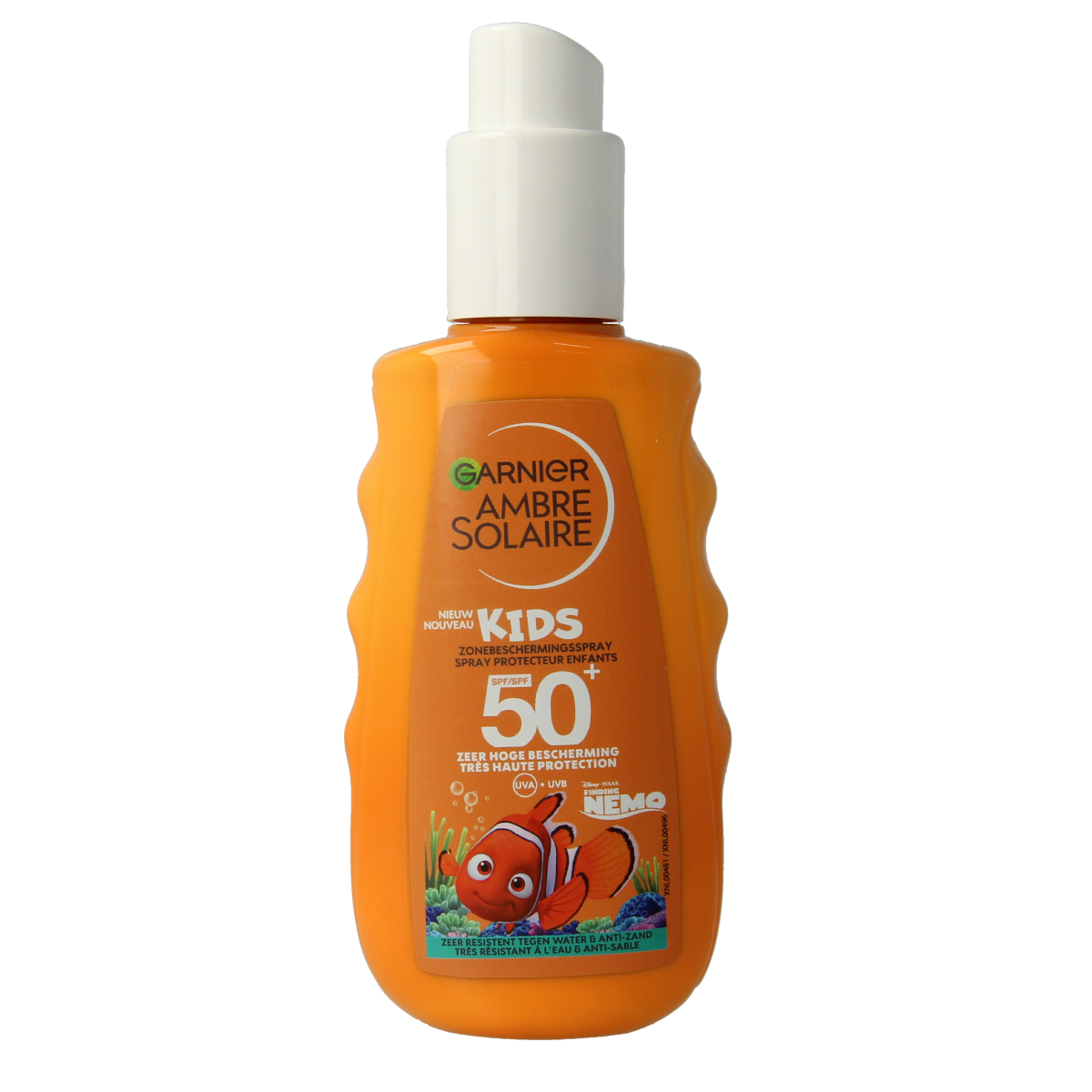 Ambre Solaire Kids Nemo spray SPF50+ sun protection, 150ml, for children's skin, featuring Nemo-themed packaging and spray nozzle.