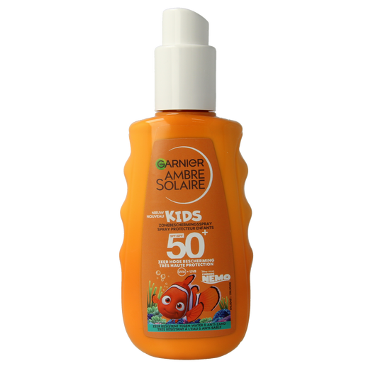 Ambre Solaire Kids Nemo spray SPF50+ sun protection, 150ml, for children's skin, featuring Nemo-themed packaging and spray nozzle.