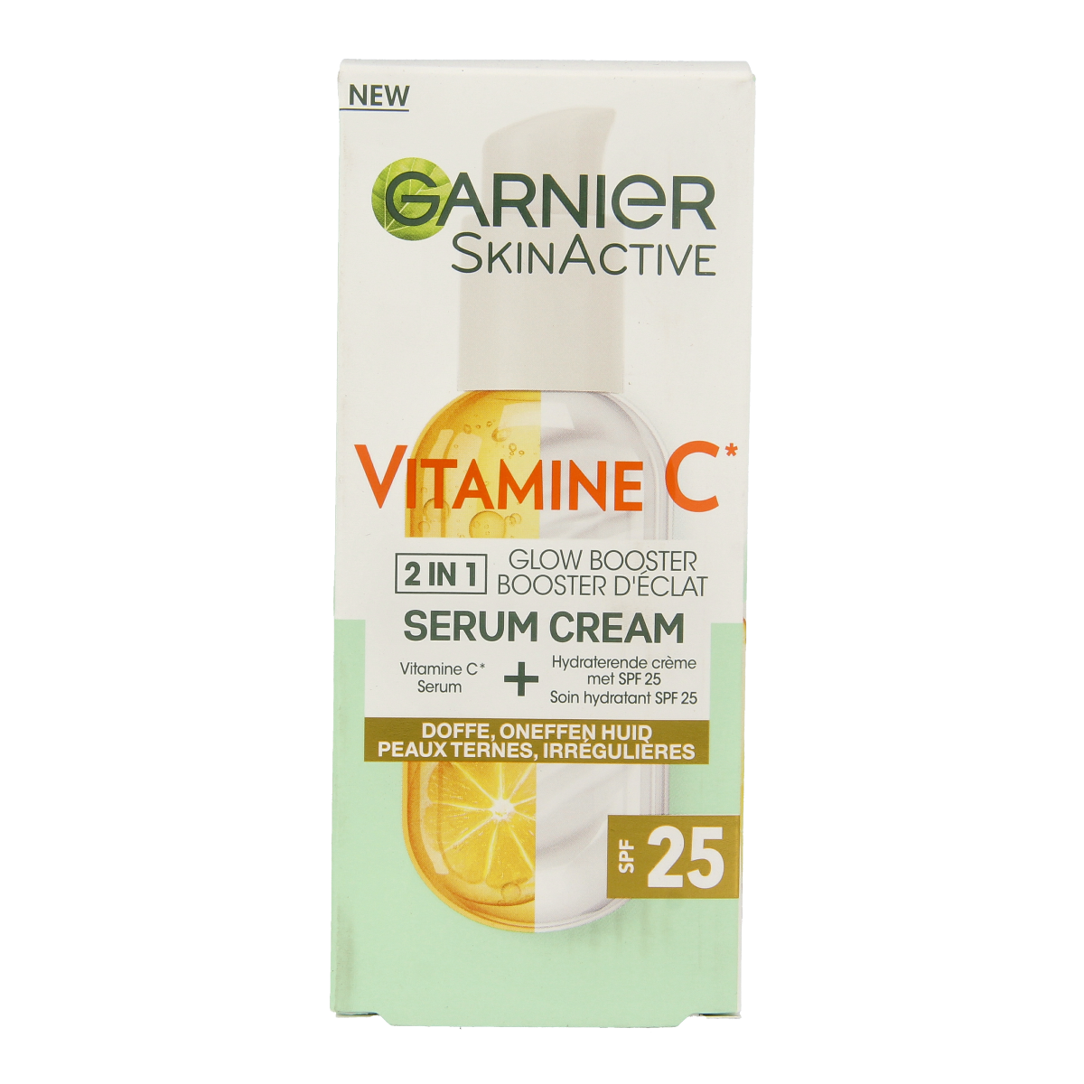 Garnier SkinActive Vitamin C serum cream with SPF25, 50ml, for facial skincare with brightening and sun protection.