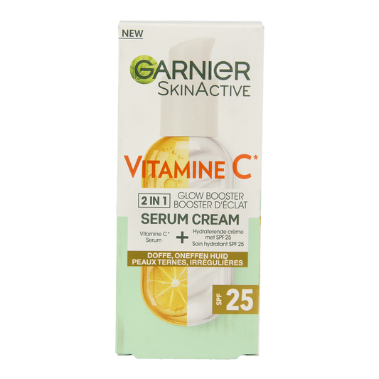 Garnier SkinActive Vitamin C serum cream with SPF25, 50ml, for facial skincare with brightening and sun protection.