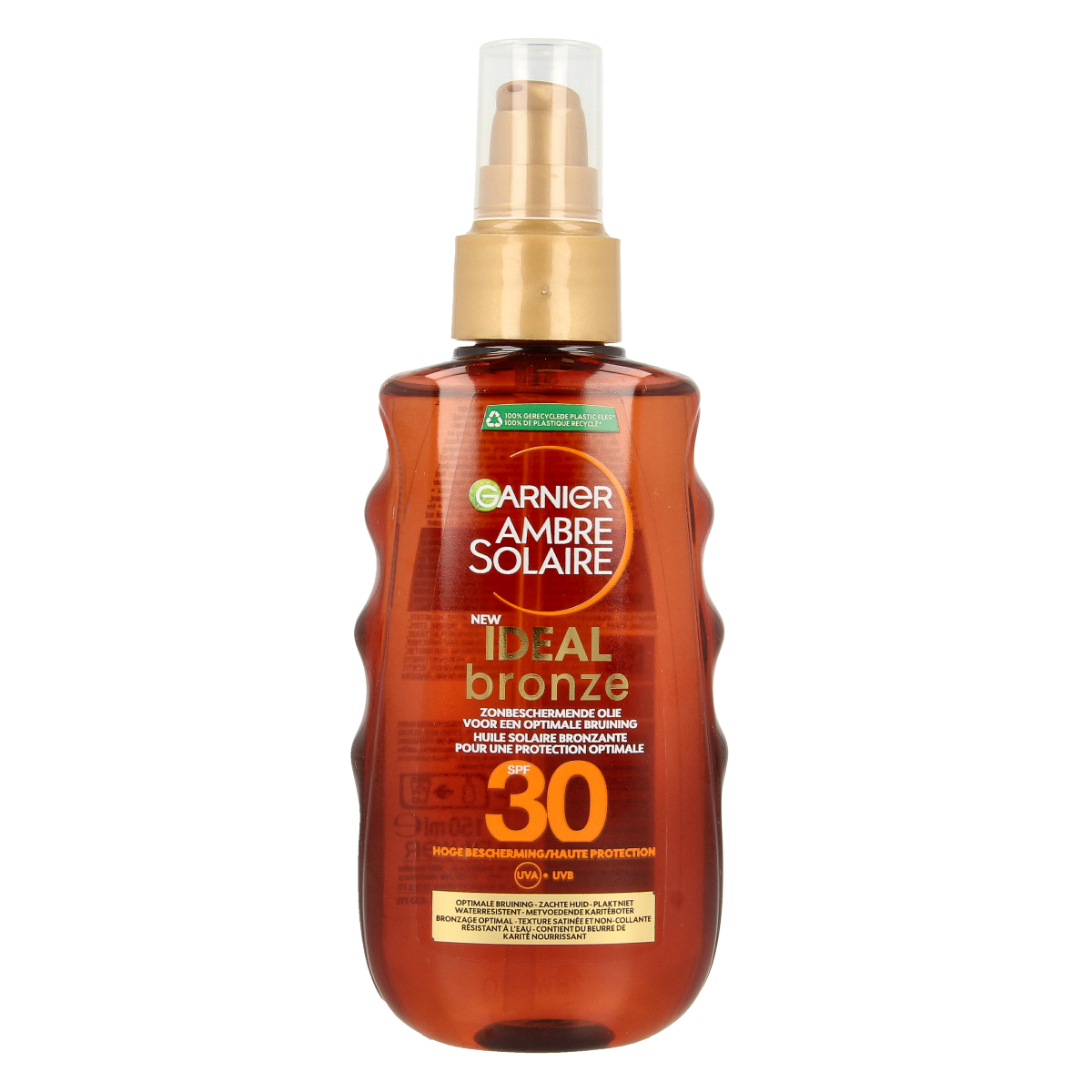 Ambre Solaire SPF30 sun oil in a 150ml bottle, featuring a golden liquid with a spray nozzle for easy application.