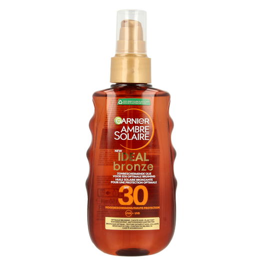 Ambre Solaire SPF30 sun oil in a 150ml bottle, featuring a golden liquid with a spray nozzle for easy application.