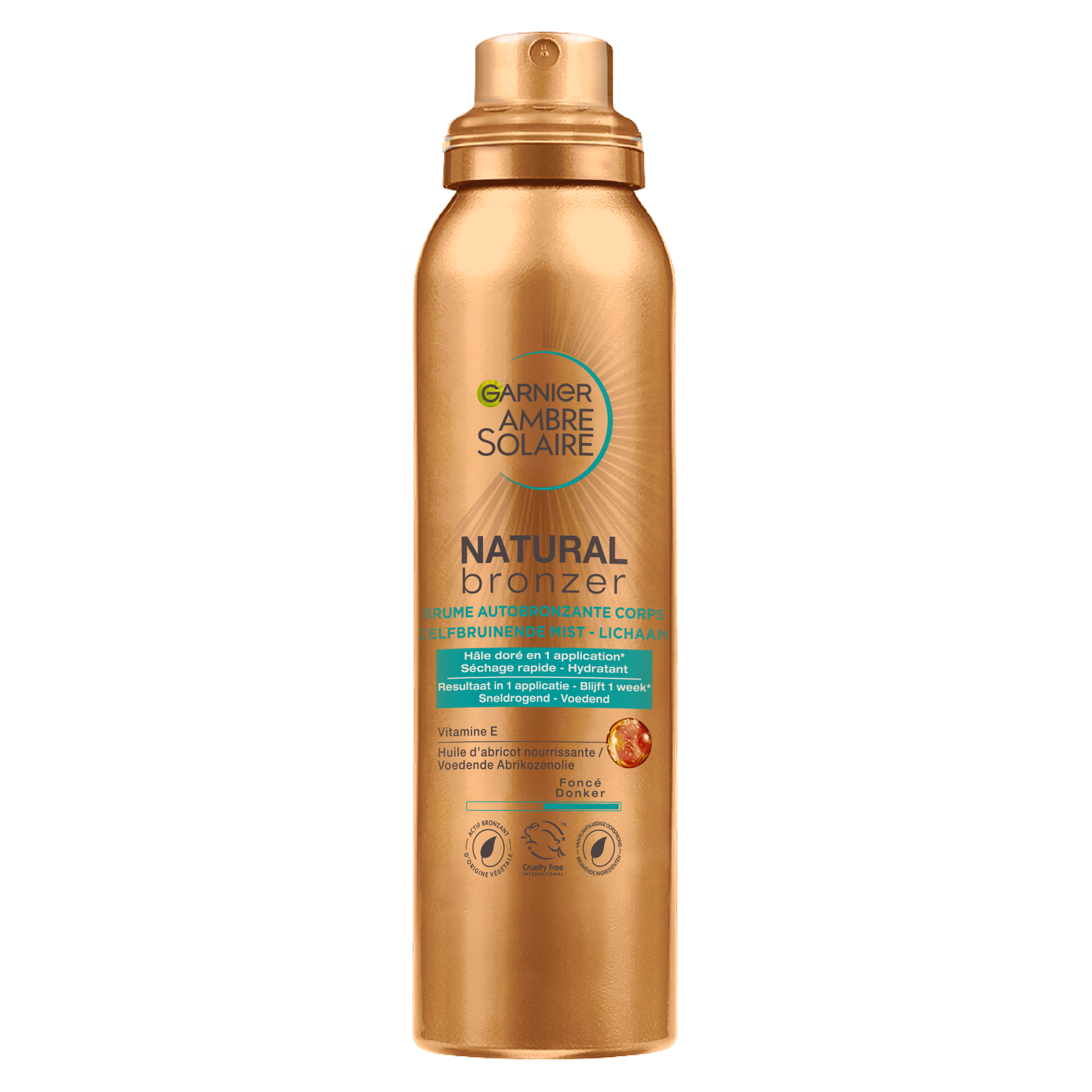 Ambre Solaire Zelfbruinerspray 150ml bottle with spray nozzle, designed for sunless tanning and bronzing skin naturally.