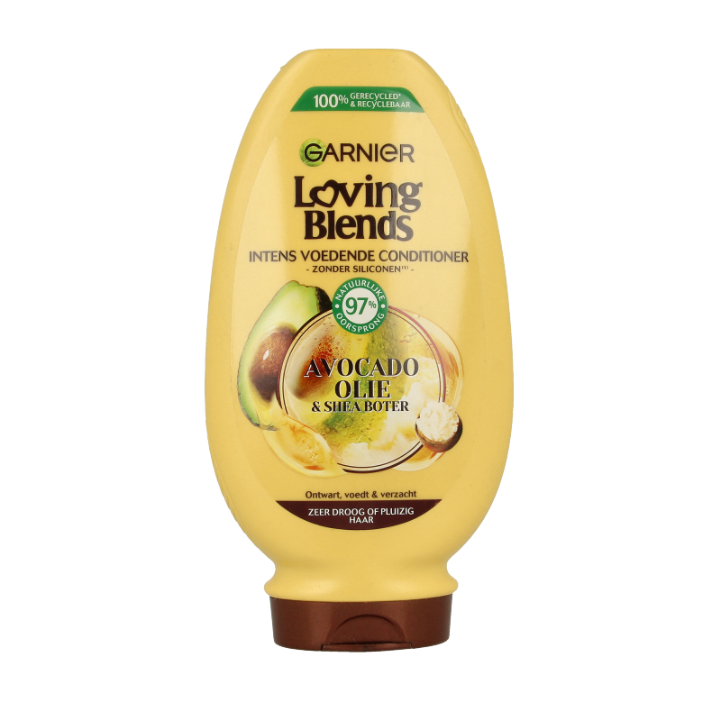 Garnier Loving Blends avocado conditioner bottle, 250ml, with natural ingredients for nourishing hair care.
