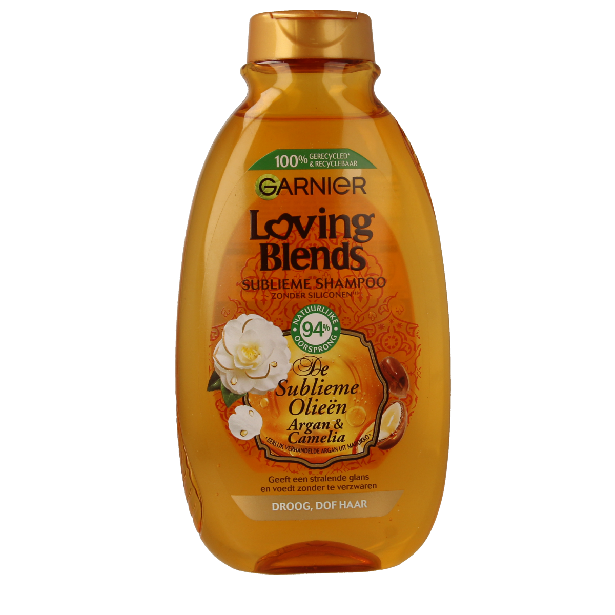 Garnier Loving Blends argan and camellia shampoo bottle, 300ml, showcasing the hair care product for nourishing hair.