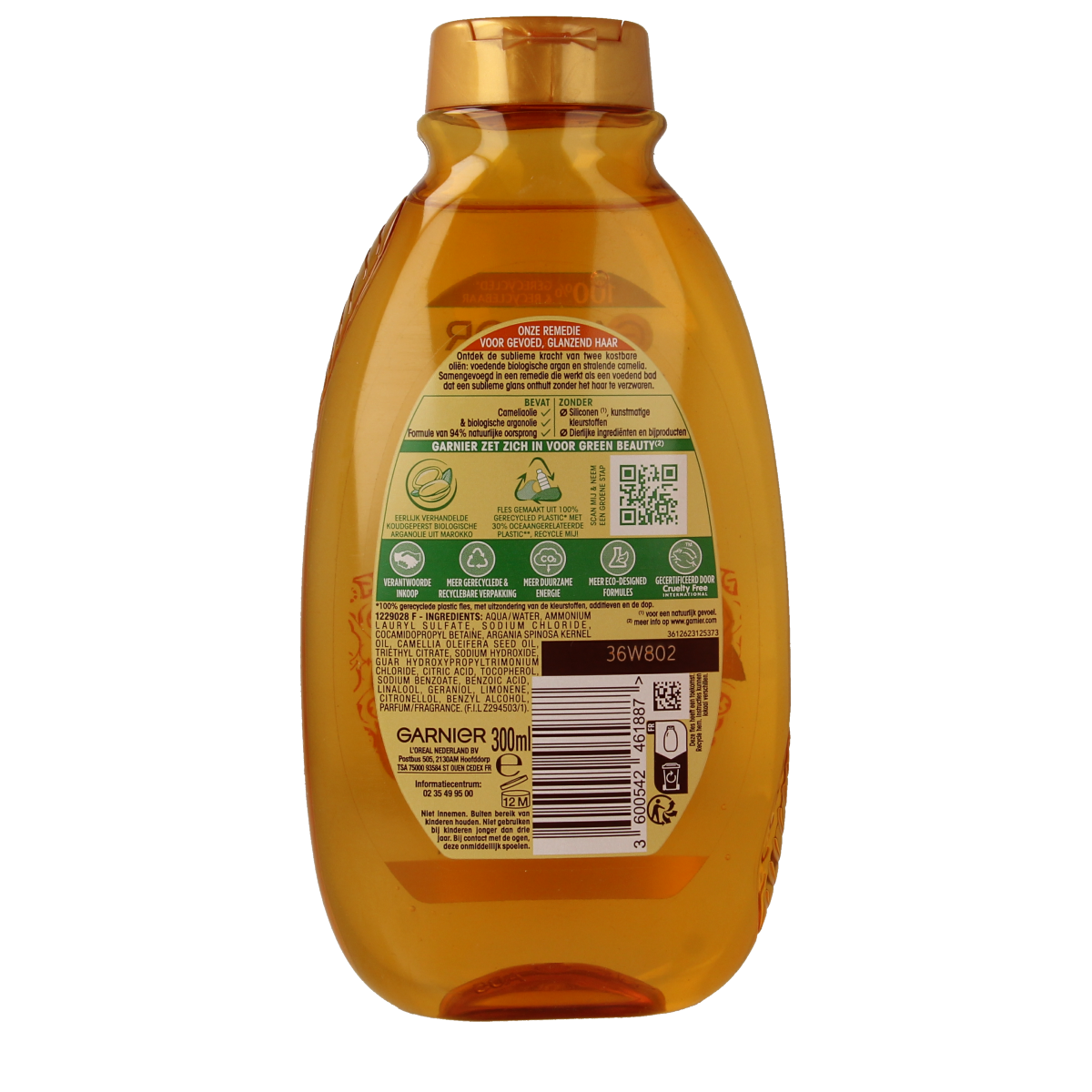 Garnier Loving Blends shampoo with argan and camellia for nourishing hair care, 300ml bottle shown in the image.