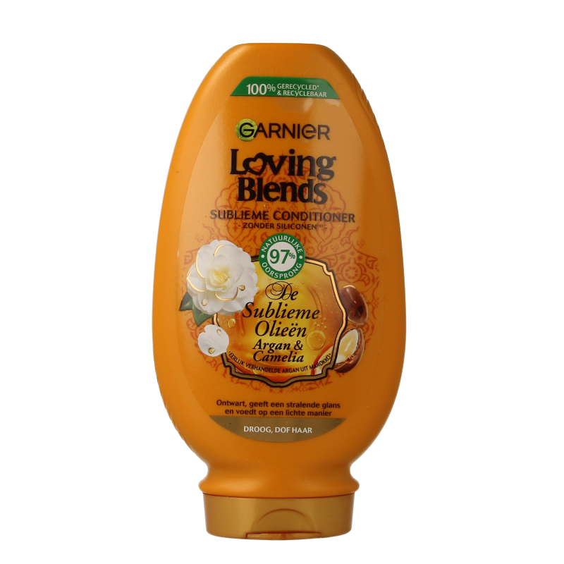 Garnier Loving Blends conditioner with argan and camellia, 250ml, in a pump bottle for nourishing hair care.
