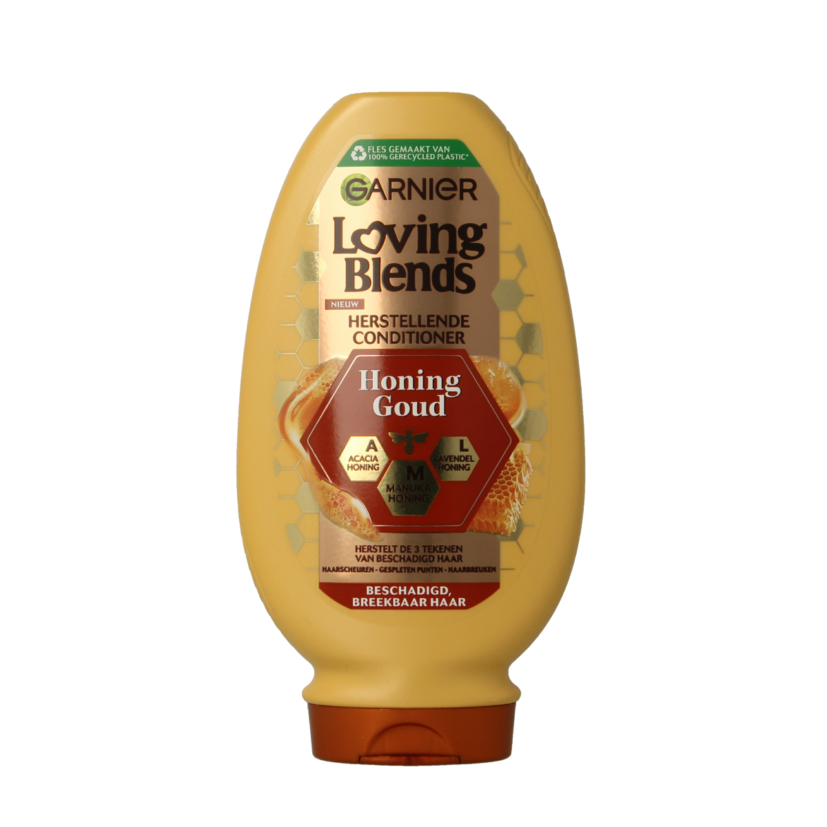 Garnier Loving Blends conditioner Honing Goud bottle, 250ml, for hair care, with golden packaging and product label visible.