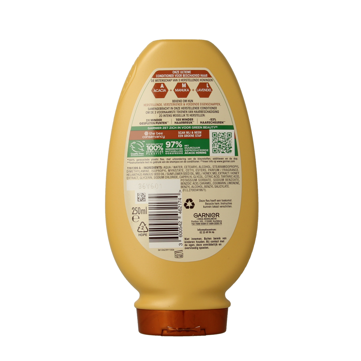 Garnier Loving Blends gold-colored conditioner bottle for hair care, 250ml, with natural ingredients and nourishing formula.