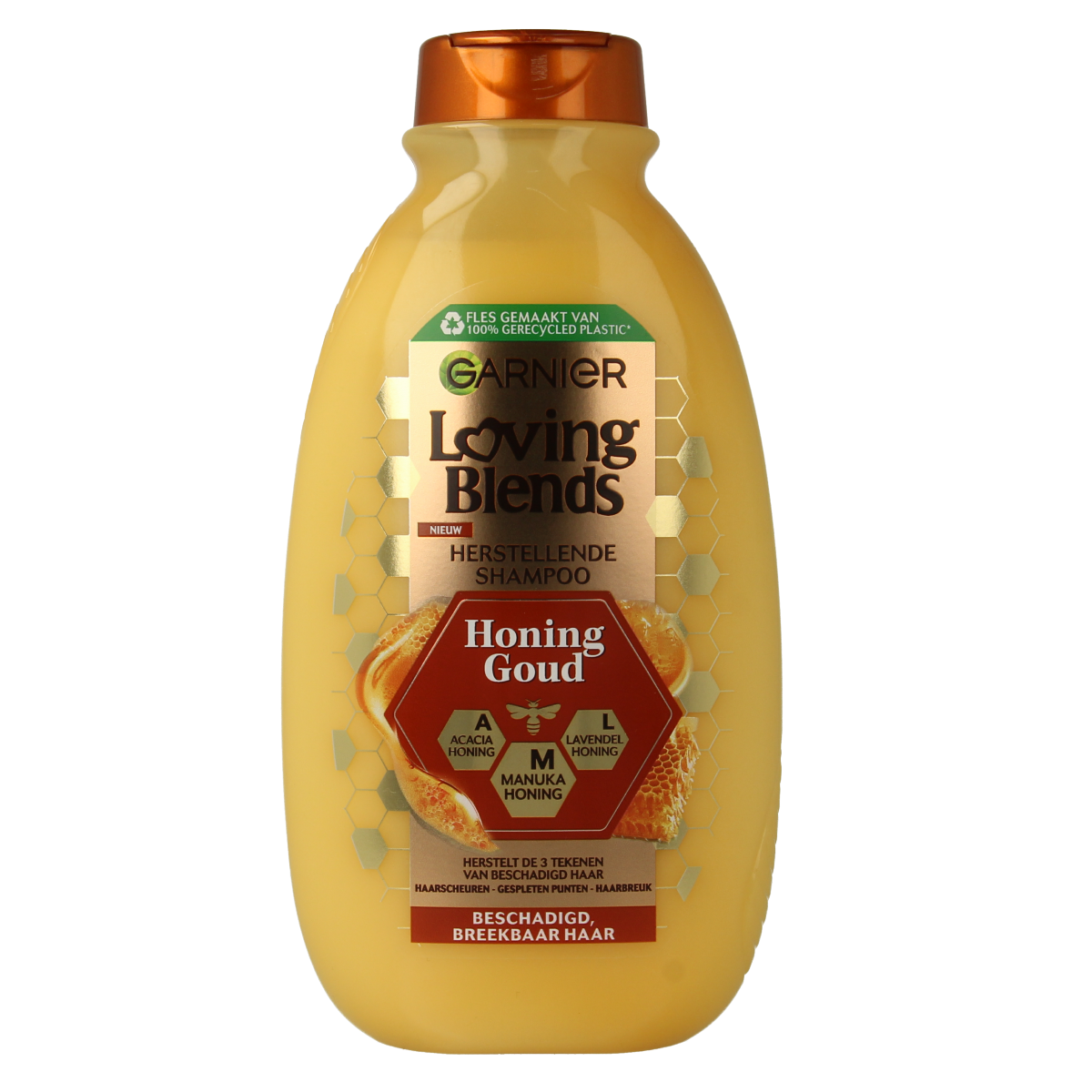 Garnier Loving Blends Goud shampoo bottle, 300ml, showcasing the Haarverzorging product with golden packaging and label details.