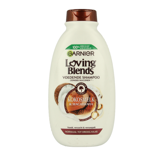Garnier Loving Blends shampoo with coconut milk and macadamia for nourishing hair care, 300ml bottle.