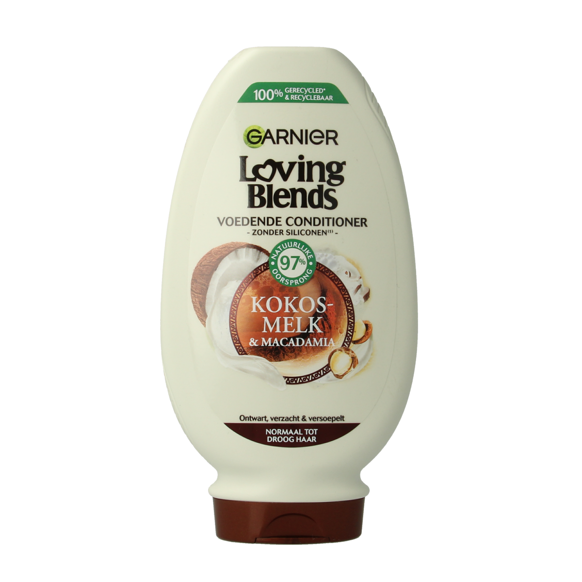 Garnier Loving Blends coconut milk conditioner for hair care, 250ml bottle with a white and blue label showing coconut images.