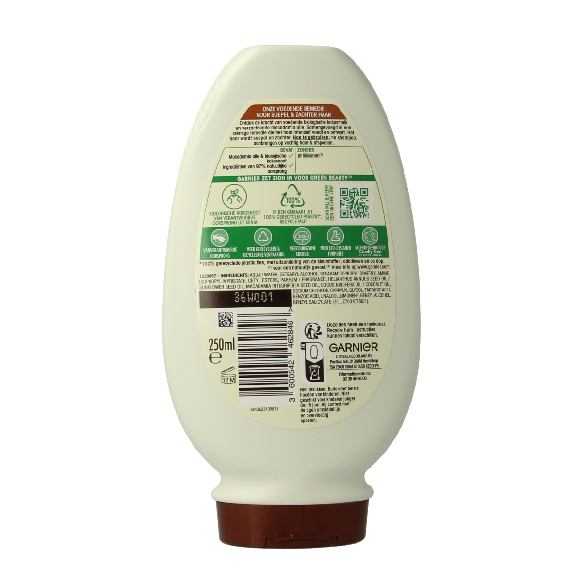 Garnier Loving Blends coconut milk conditioner bottle for hair care, 250ml, with a white and green label and coconut imagery.