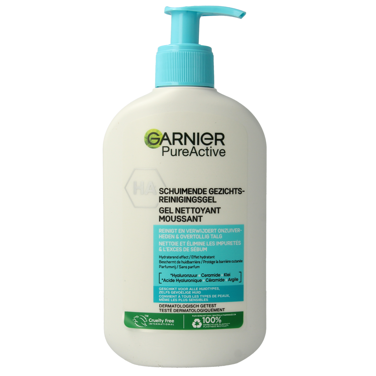 Garnier PureActive hydrating facial cleansing gel in a 250ml bottle, gentle skincare product for clean, refreshed skin.