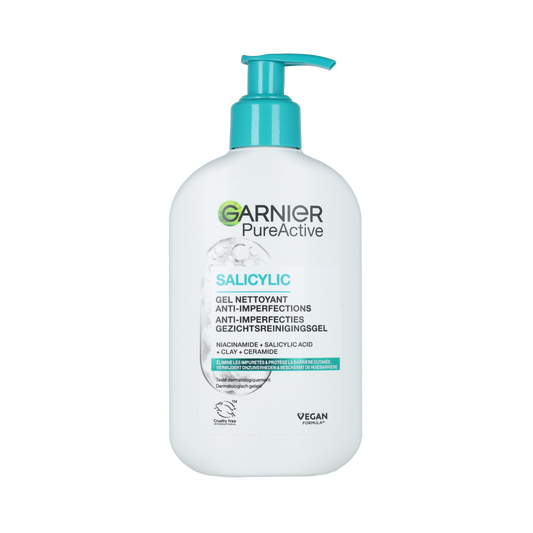 Garnier PureActive hydrating facial cleansing gel in a 250ml bottle, gentle skincare product for clean, refreshed skin.
