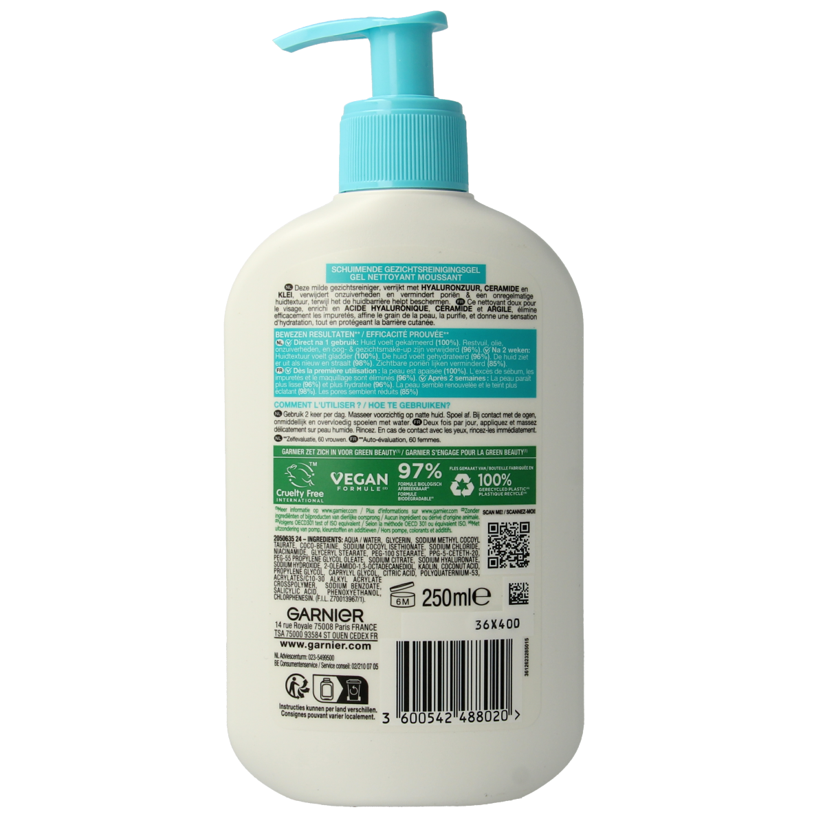 Garnier Pureactive hydraterende gezichtsreiniging in een fles van 250 ml, geschikt voor dagelijkse gezichtsverzorging.