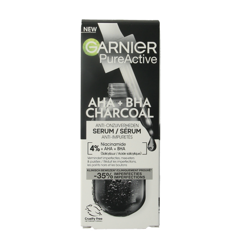 Garnier PureActive AHA + BHA charcoal serum for facial skincare in a 30ml bottle, with black serum and skincare packaging.