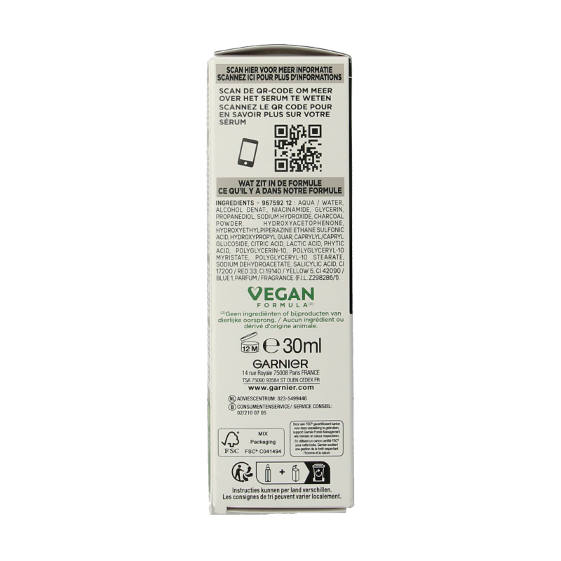Garnier PureActive AHA + BHA charcoal serum in 30ml bottle, facial skincare product with black serum and pump dispenser