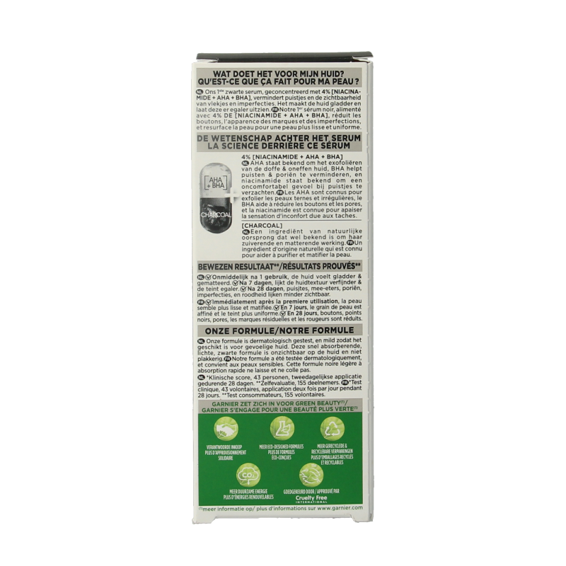 Garnier PureActive AHA + BHA charcoal serum in a 30ml bottle, facial skincare product with black serum and dropper applicator